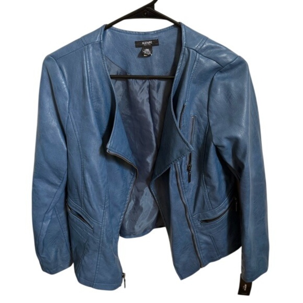 Alfani Women's Blue Faux Leather Asymmetrical Zip Jacket SIze PM